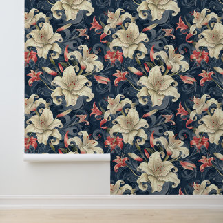 桃とクリームユリの花 壁紙