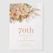 桃とクリーム色の水彩花柄 70歳の誕生日 ベラム紙招待状 (正面)