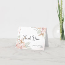 桃とサテンの水彩花 ブライダルシャワーの感謝カード
