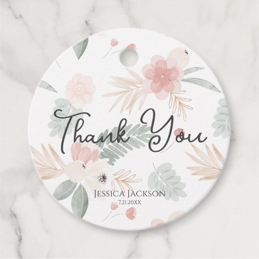 桃とサボリルの水彩花 ブライダルシャワーのギフトタグ フェイバータグ (正面)