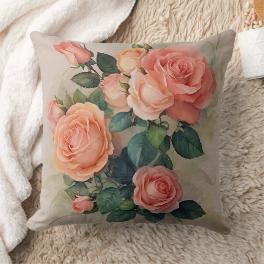 桃とサーモンピンクのフローラ クッション (ブランケット)