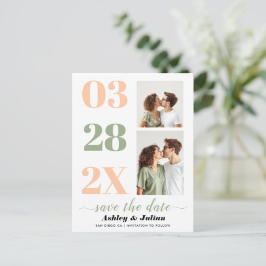 桃とセージ緑2枚の写真Save the Date ポストカード (スタンド正面)