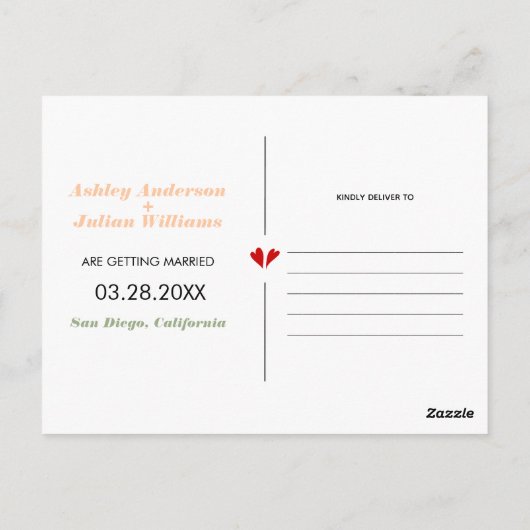 桃とセージ緑2枚の写真Save the Date ポストカード (裏面)