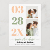 桃とセージ緑2枚の写真Save the Date ポストカード (正面)