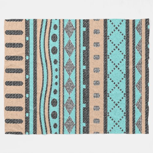 桃とターコイズの部族模様 フリースブランケット (正面(横))