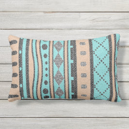 桃とターコイズの部族模様 ランバークッション
