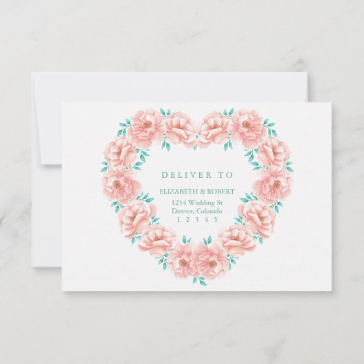 桃とターコイズフローラ結婚式RSVPカード サンキューカード (裏面)