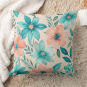 桃とティール(緑がかった色)お洒落フローラ クッション (ブランケット)