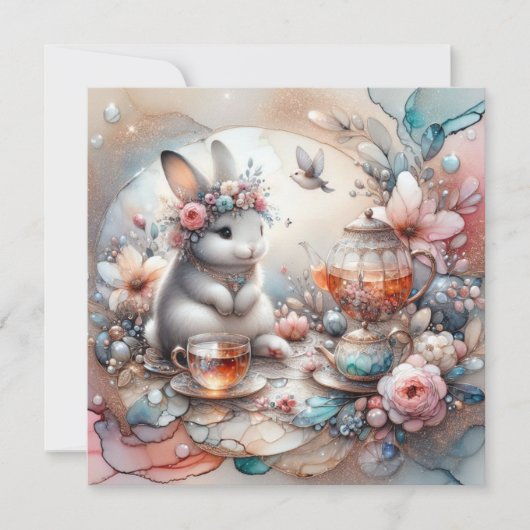 桃とティール(緑がかった色)の水の色バニーイースターティーパーティー シーズンカード (正面)