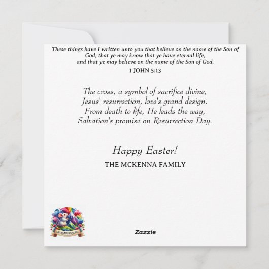 桃とティール(緑がかった色)の水の色バニーイースターティーパーティー シーズンカード (裏面)