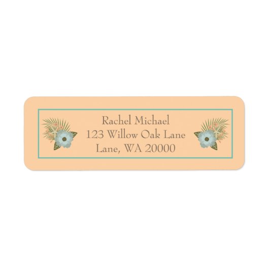 桃とティール(緑がかった色)熱帯フローラ ラベル (正面)