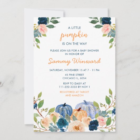 桃とネイビーブルーカボチャ赤ちゃんシャワーの招待 招待状 (正面)