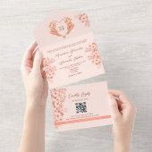 桃とバラ色のモノグラム結婚式 オールインワン招待状 (貼ってはがせる)