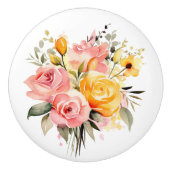 桃とピンクのバラの美しい茎 セラミックノブ (正面)