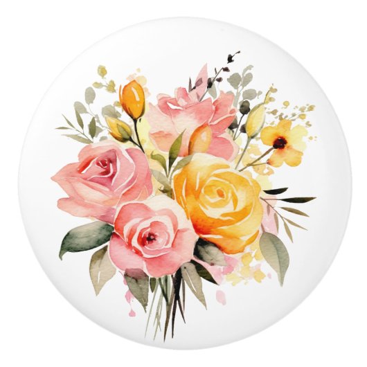 桃とピンクのバラの美しい茎 セラミックノブ (正面)