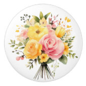 桃とピンクのバラの美しい茎 セラミックノブ (正面)