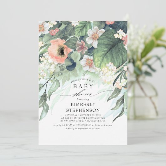 桃とピンクのフローラエレガントの赤ちゃんシャワー 招待状 (スタンド正面)