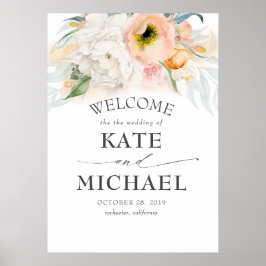 桃とピンクのフローラヴィンテージウェディングウェルカム ポスター