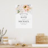 桃とピンクのフローラヴィンテージウェディングウェルカム ポスター (キッチン)