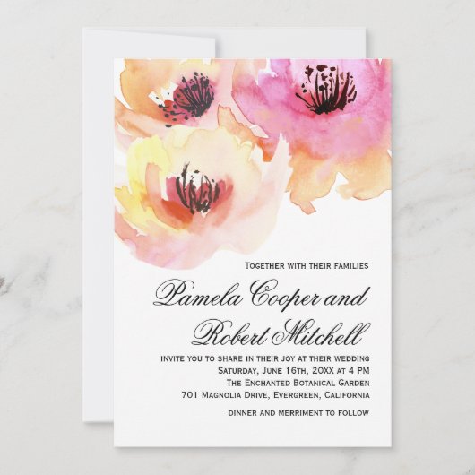桃とピンクの水の色のフローラ結婚ズ 招待状 (正面)