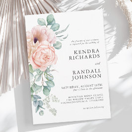 桃とピンクの水の色のフローラ結婚ズ 招待状