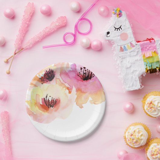 桃とピンクの水の色のフローラ ペーパープレート (パーティー)