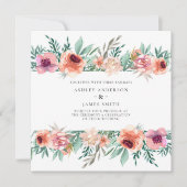 桃とピンクの水の色のモダン花結婚の 招待状 (正面)