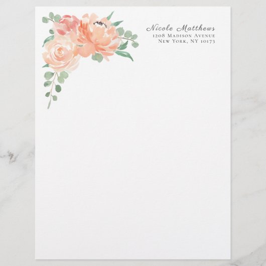 桃とピンクの水色のフローラ パーソナライズされた レターヘッド (正面)