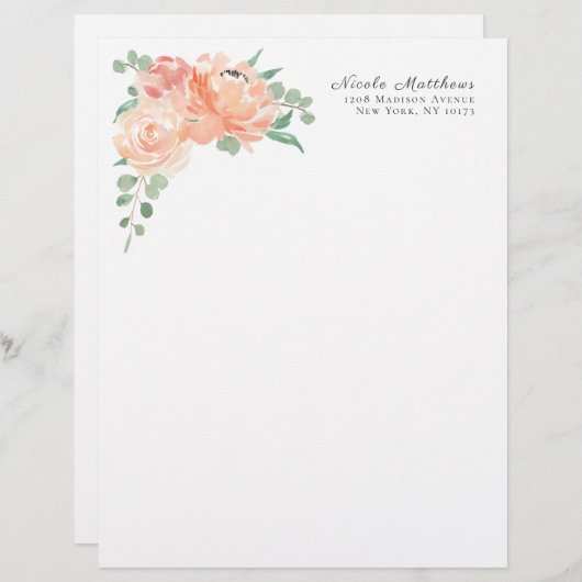 桃とピンクの水色のフローラ パーソナライズされた レターヘッド (正面/裏面)