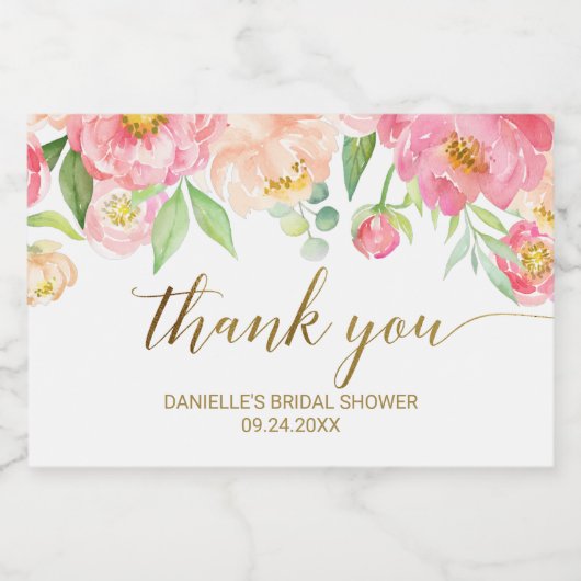 桃とピンクの牡丹の花ありがとうございました スパークリングワインラベル (シングルラベル)