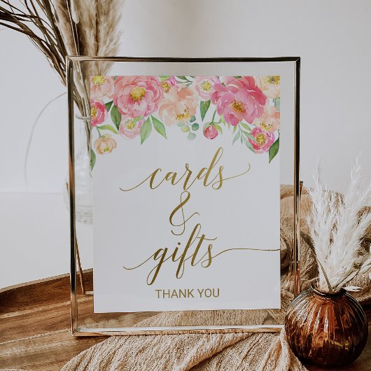 桃とピンクの牡丹の花のカードとギフトサイン ポスター