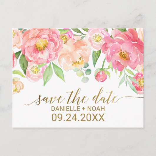 桃とピンクの牡丹の花の結婚式の日付を保存 案内ポストカード (正面)