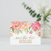 桃とピンクの牡丹の花の結婚式の日付を保存 案内ポストカード (スタンド正面)