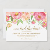 桃とピンクの牡丹の花の駆け落ち発表 案内状 (正面)