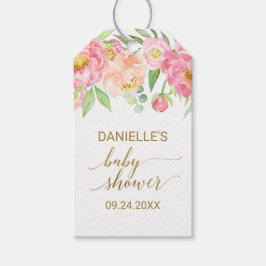 桃とピンクの牡丹の花ベビーシャワーのお気に入り ギフトタグ