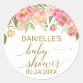 桃とピンクの牡丹の花ベビーシャワーのお気に入り ラウンドシール (正面)