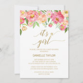 桃とピンクの牡丹の花女の子 招待状 (正面)