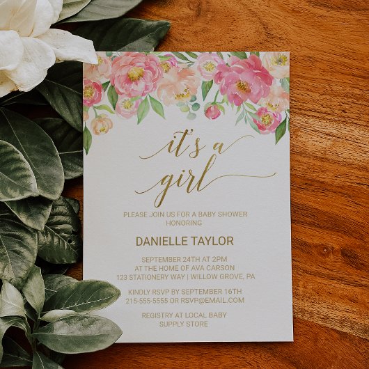 桃とピンクの牡丹の花女の子 招待状