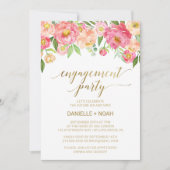 桃とピンクの牡丹の花婚約パーティ 招待状 (正面)