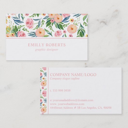 桃とピンクの牡丹の花柄 名刺 (正面/裏面)