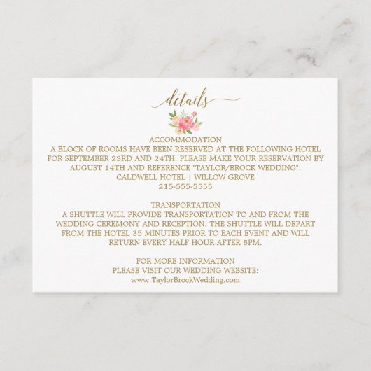 桃とピンクの牡丹の花結婚の詳細カード エンクロージャーカード (正面)