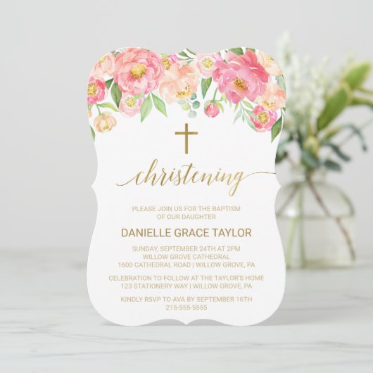 桃とピンクの牡丹の花《キリスト教》洗礼式や命名式 招待状 (スタンド正面)