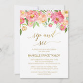桃とピンクの牡丹の花sipと見る 招待状 (正面)