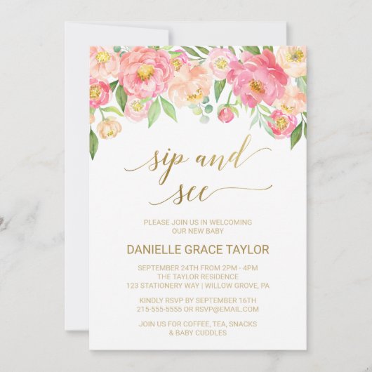 桃とピンクの牡丹の花sipと見る 招待状 (正面)