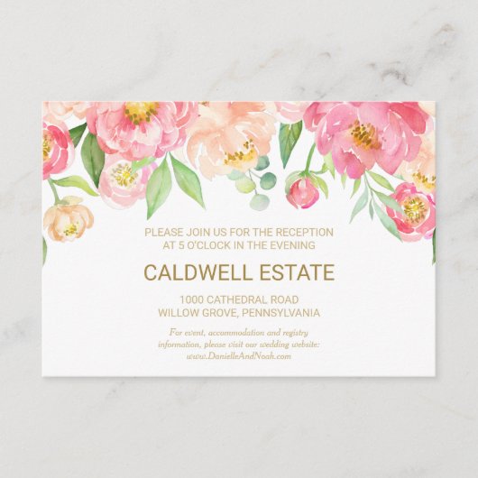 桃とピンクの牡丹ウェディングレセプションカード エンクロージャーカード (正面)