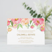 桃とピンクの牡丹ウェディングレセプションカード エンクロージャーカード (スタンド正面)