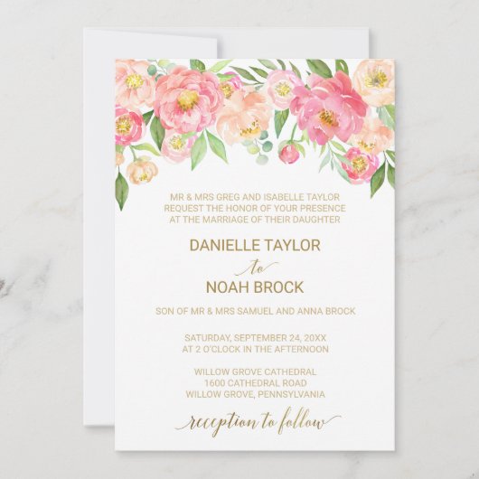 桃とピンクの牡丹フォーマルの結婚花 招待状 (正面)