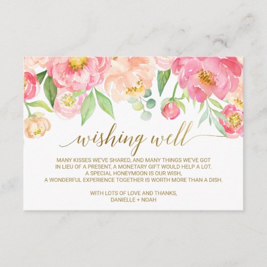 桃とピンクの牡丹結婚の花が願う エンクロージャーカード (正面)