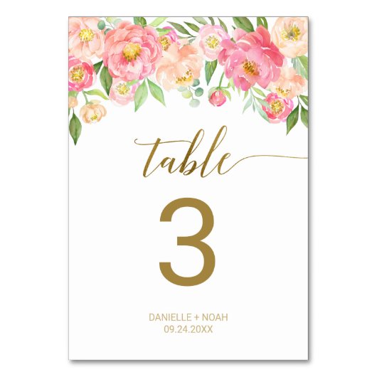 桃とピンクの牡丹結婚の花のテーブル番号 テーブルナンバー (正面)
