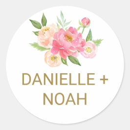 桃とピンクの牡丹結婚の花の封筒用シール ラウンドシール